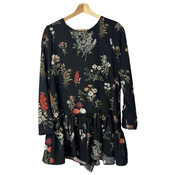 Zara Black Floral Apothecary Ruffle Hem Long Sleeve Mini Dress S - Picture 2 of 6